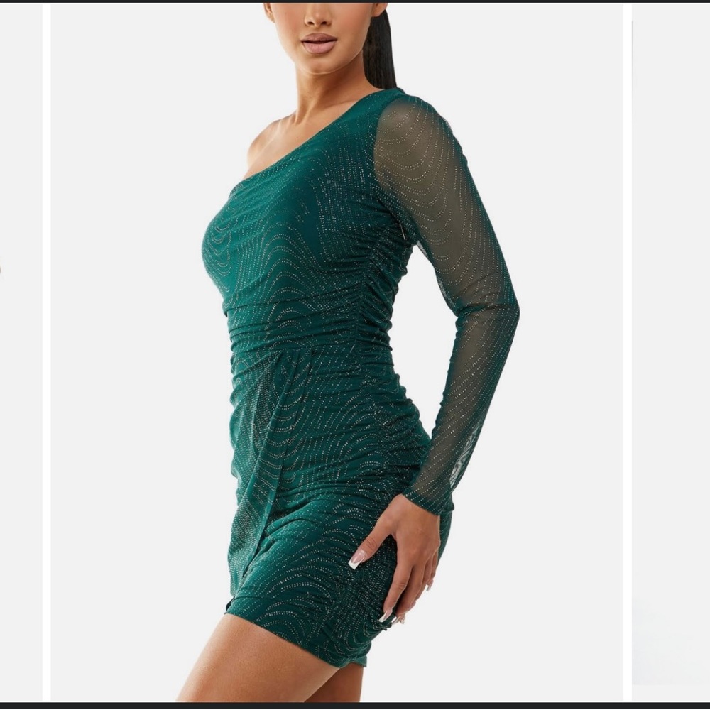 Glitter One-Shoulder Long Mesh Sleeve Faux Wrap Dress